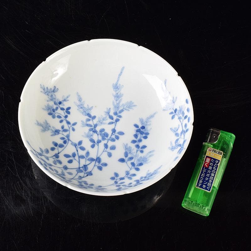 鍋島焼 染付 萩文 五寸皿 輪花皿 時代箱 V R8110