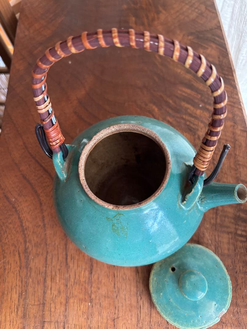 伊賀　丸柱　青　緑釉　薬土瓶　急須　民藝　古道具　希少　骨董