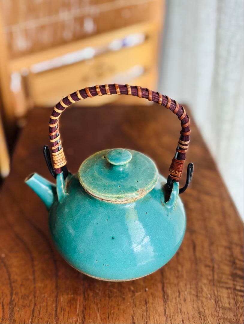 伊賀　丸柱　青　緑釉　薬土瓶　急須　民藝　古道具　希少　骨董