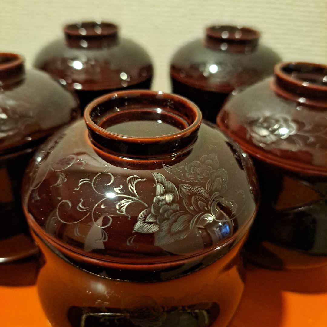 輪島塗 五島屋謹製 小吸物椀×5客】布着本堅地 沈黒 西村国峰作 共箱