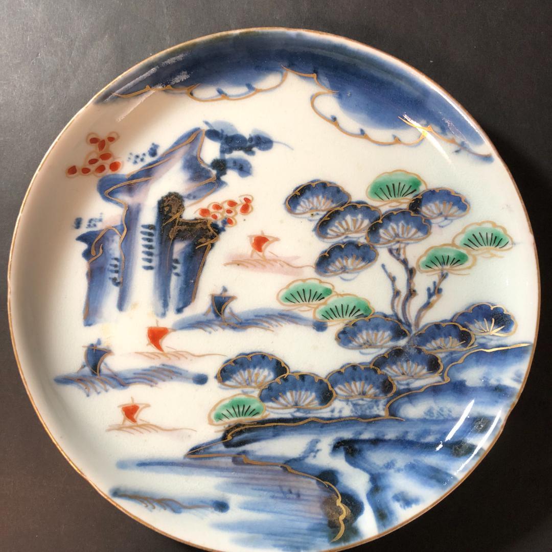 古伊万里　染錦　六寸皿　３客　松に帆掛け船文様　生活骨董　骨董雑貨　和食器