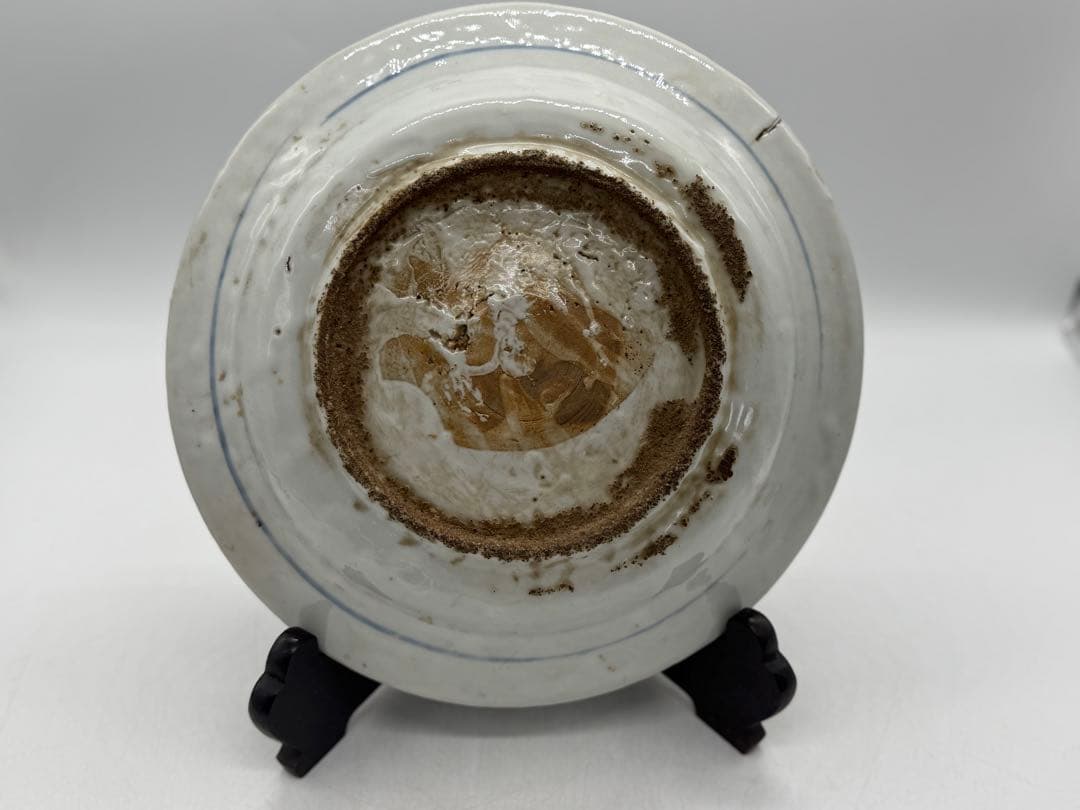 中国　明時代　染付　孔雀牡丹紋大皿　古染　送料込み250622