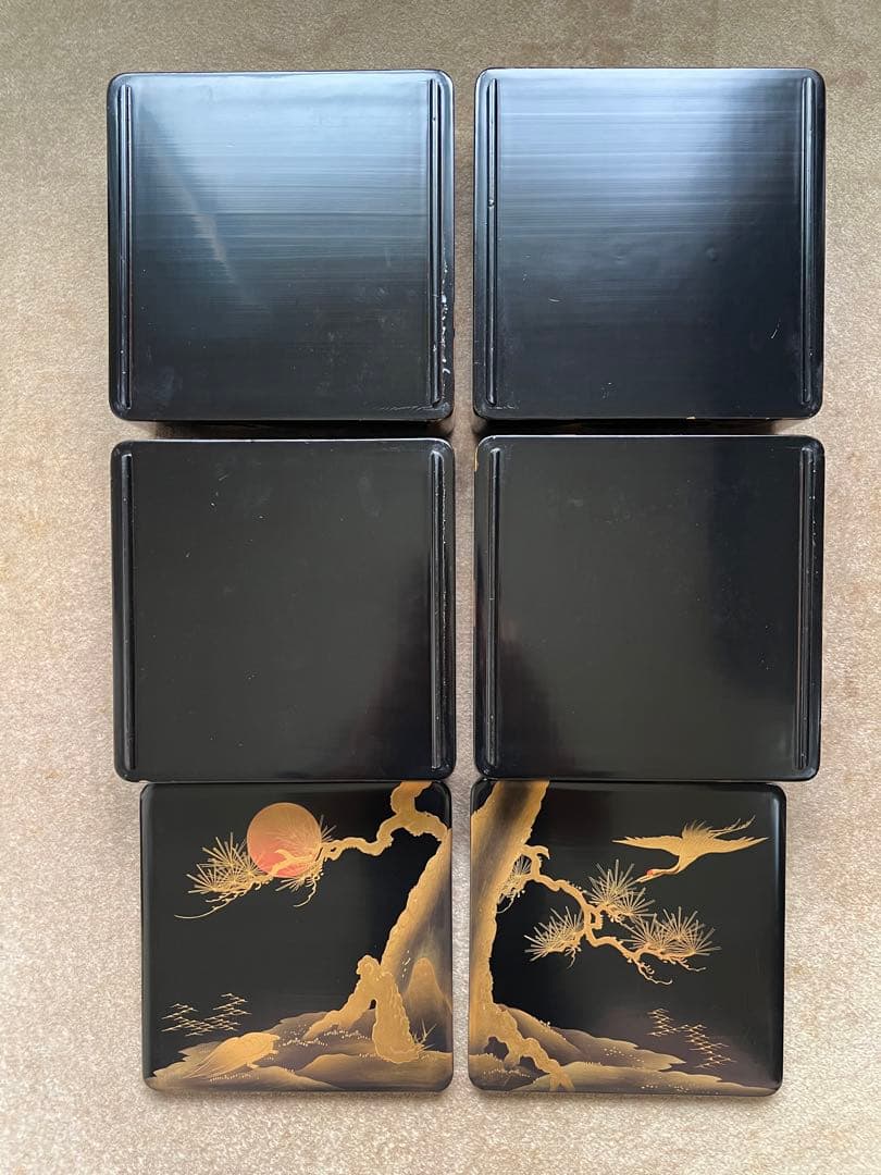 重箱 漆器 木製 蒔絵 金蒔絵 ４段重 鶴 亀 松 骨董 古美術 JAPAN