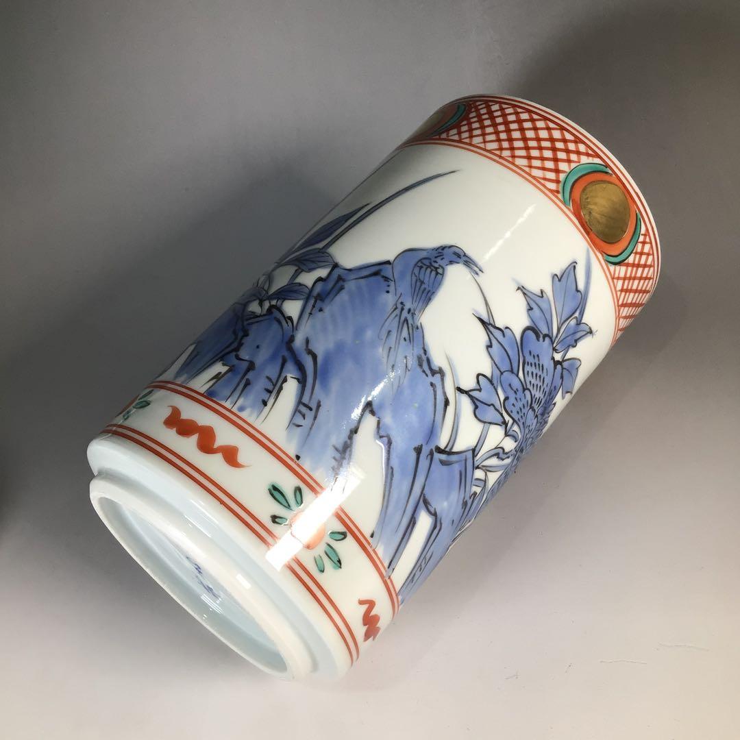 N633 水指 『橋本龍岳造』『赤絵花鳥図』『細水指』 共箱 茶道具