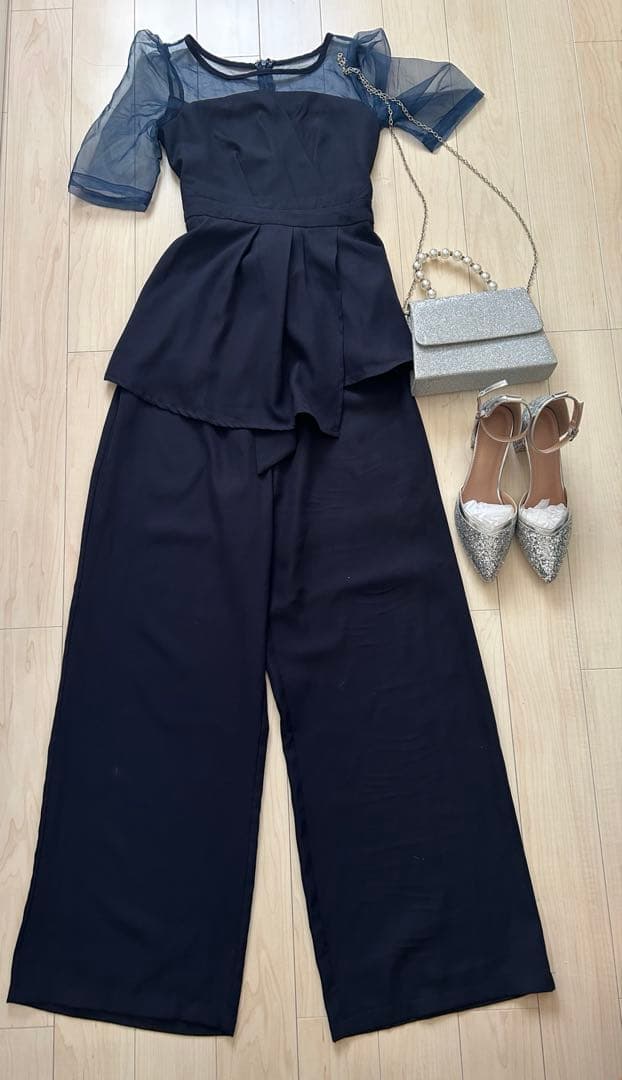 シースルー袖ビスチェ風デザインパンツセットアップパーティードレス S