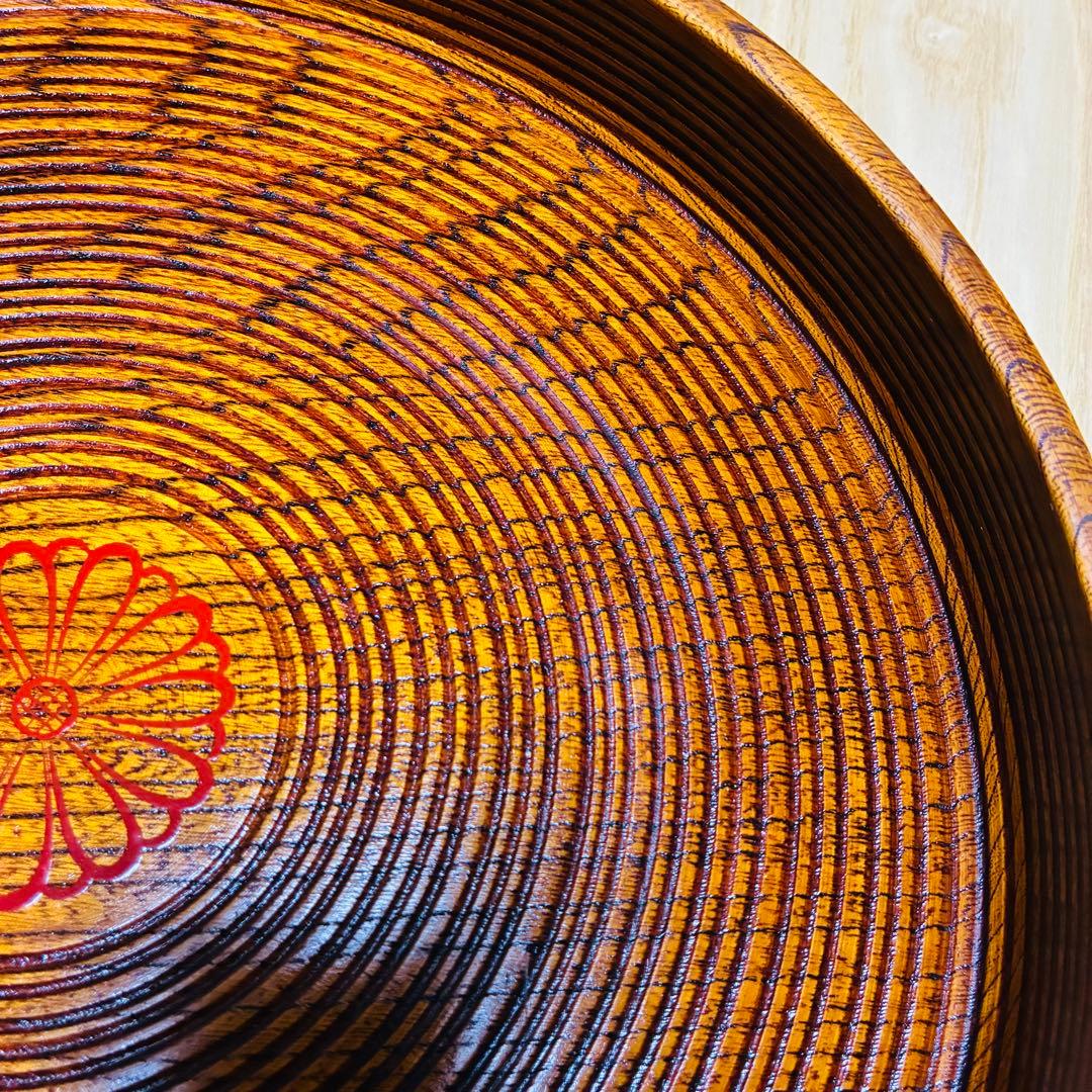 【高級】天然木くり抜き 丸盆 2枚セット 千筋挽き 菊紋 29cm 1.7万/枚