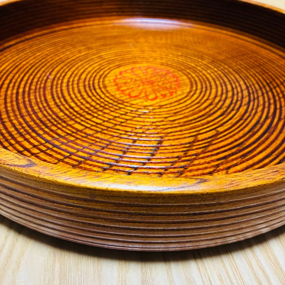 【高級】天然木くり抜き 丸盆 2枚セット 千筋挽き 菊紋 29cm 1.7万/枚