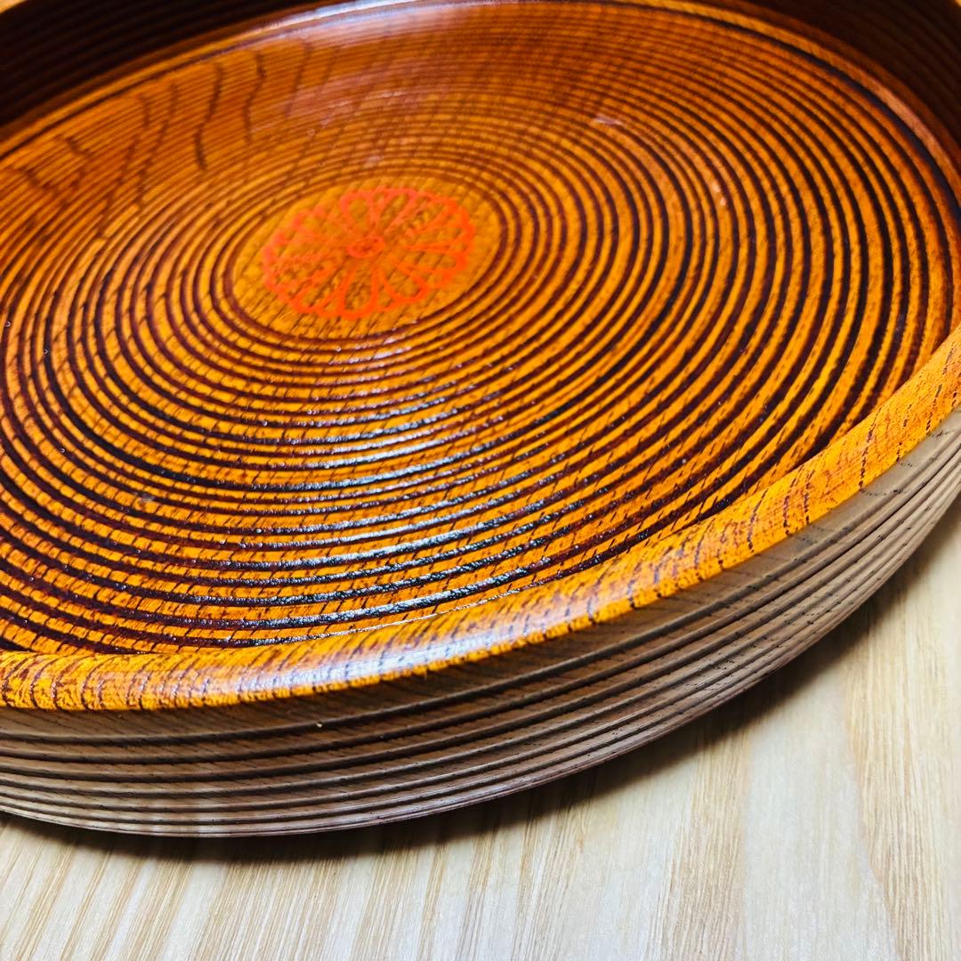 【高級】天然木くり抜き 丸盆 2枚セット 千筋挽き 菊紋 29cm 1.7万/枚