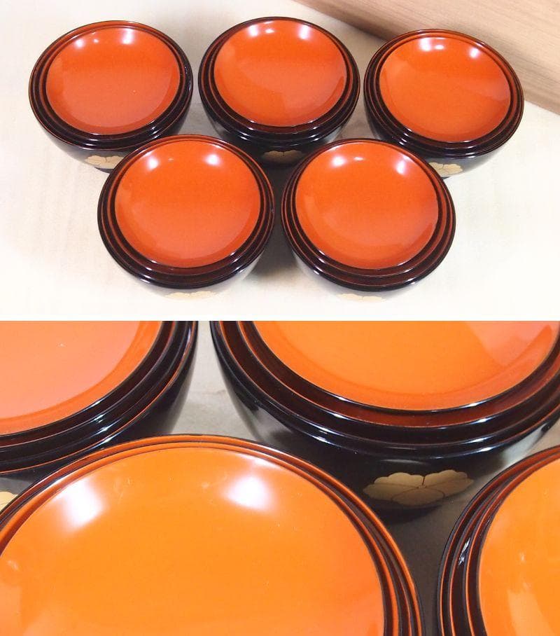 【未使用】輪島塗 熊野茂次 蔦蒔絵/蔦文 四つ椀5客 入れ子椀 布着本堅地 漆器