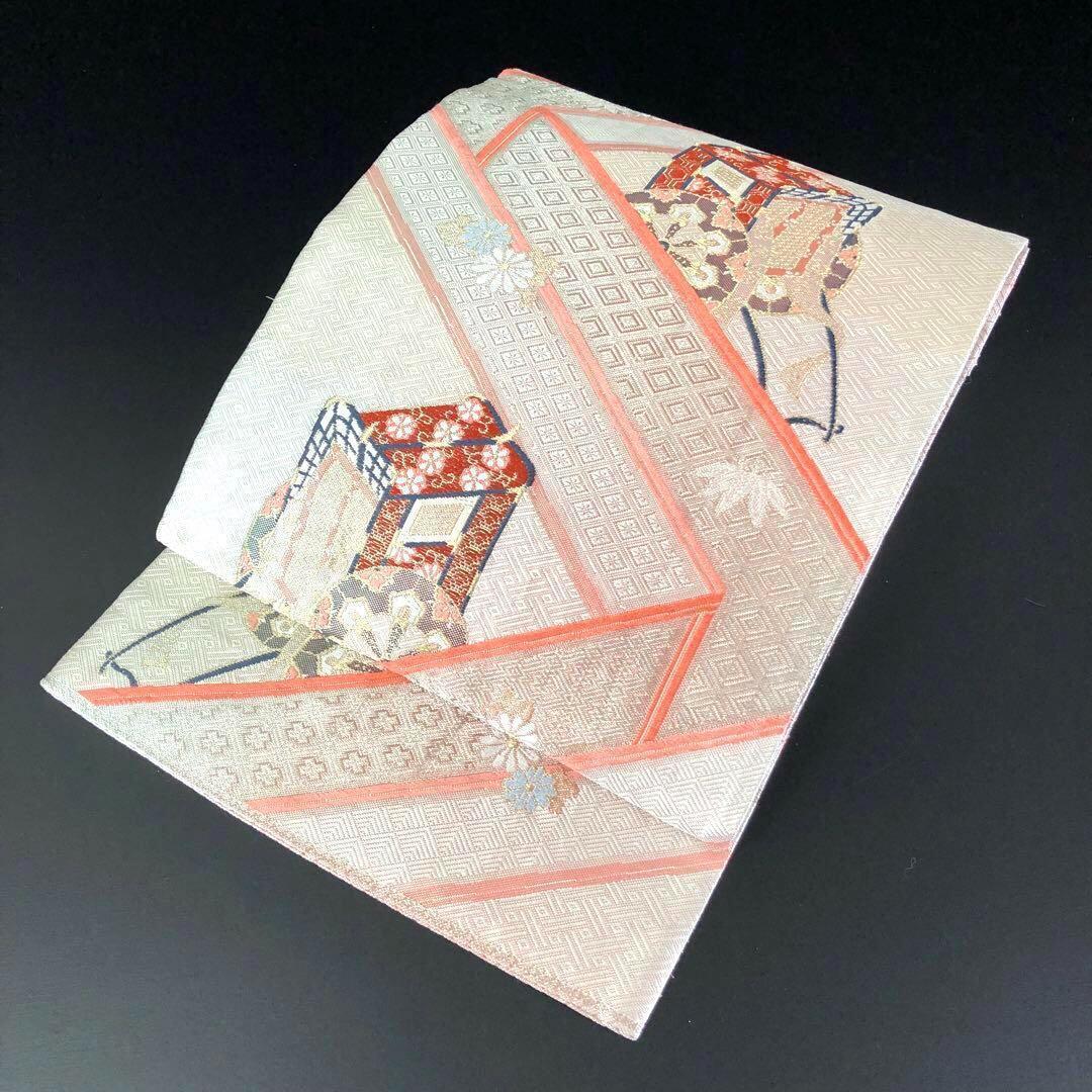 SO-365 袋帯 六通 正絹 紗綾形 御所車 華唐草 菱家紋 グラデーション