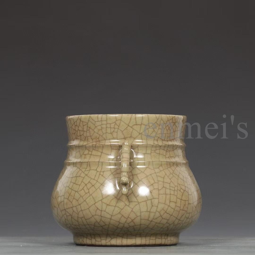 中国古美術・清哥窯款・米黄釉双耳香炉・木箱付・文房具・陶磁器・置物・禮品・仏具