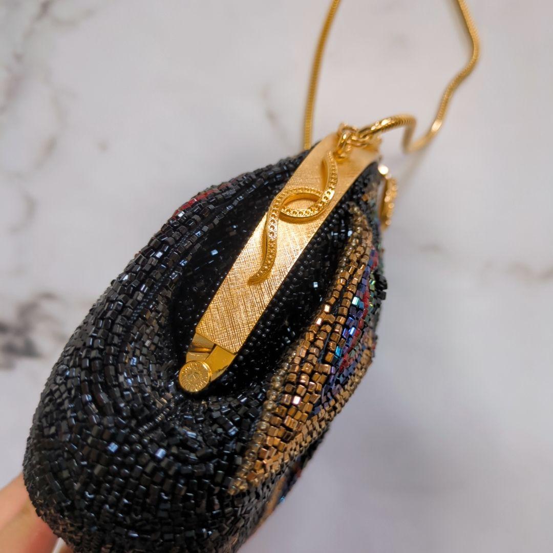 【美品】皇室御用達 ルミーはしもと 総ビーズ ハンドバッグ マルチカラー がま口