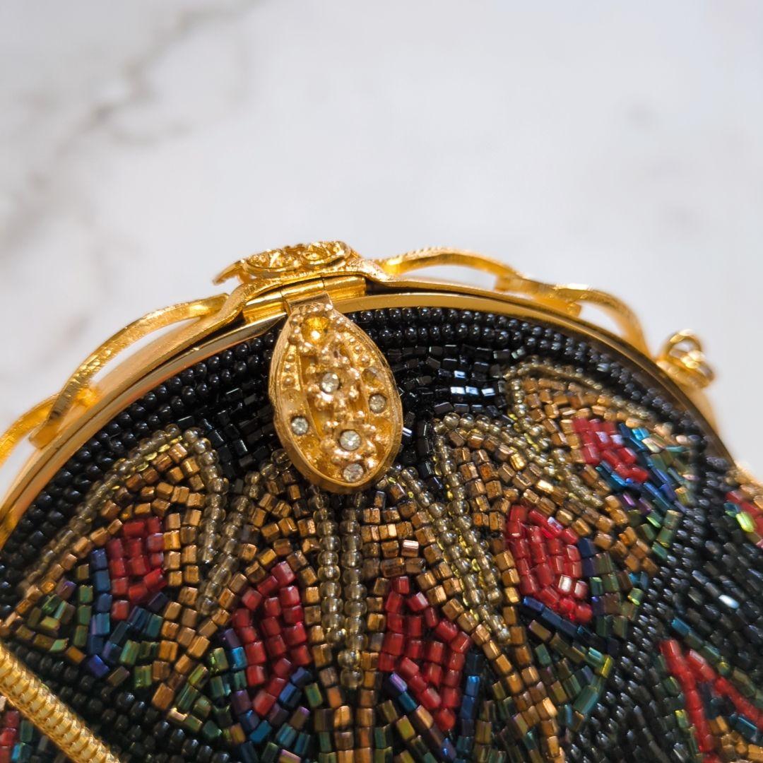 【美品】皇室御用達 ルミーはしもと 総ビーズ ハンドバッグ マルチカラー がま口