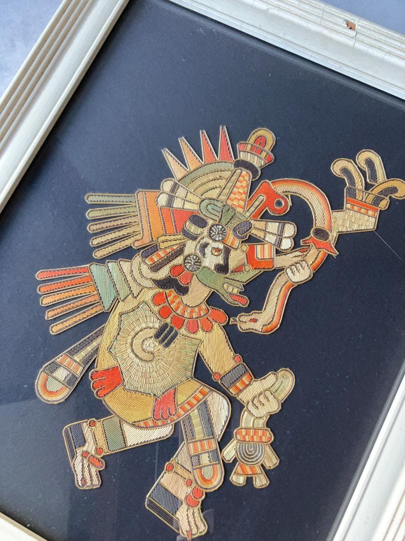 貴重☆アステカ文明ナチュラルな麦わらアート絵　アンティーク壁掛け　マヤ　メキシコ