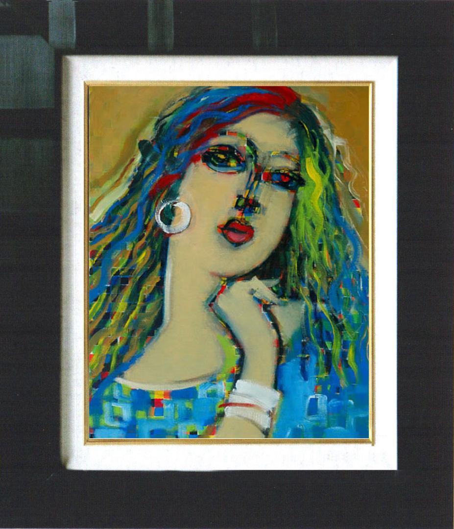 油絵 菅家令子 絵 絵画インテリア 額付(青緑＋金色の枠)F6-080212女性