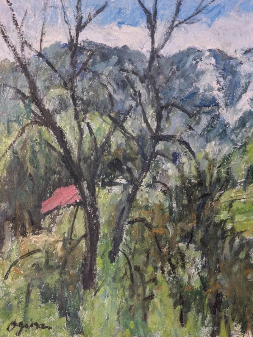 【真作】絵画　油彩8号　春山遠望　雪山と新緑の広がる風景画　日本の四季　W59