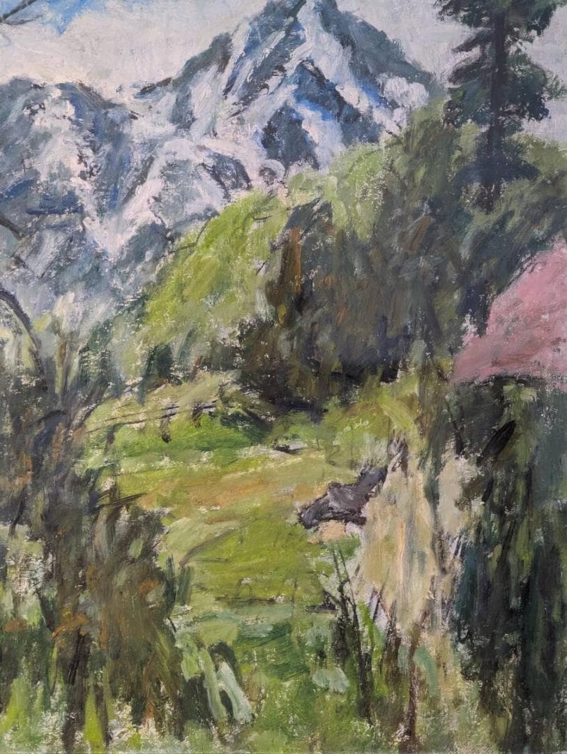 【真作】絵画　油彩8号　春山遠望　雪山と新緑の広がる風景画　日本の四季　W59