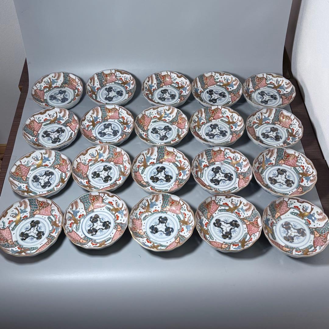 豪商旧蔵品 明治期 色絵鯉千鳥文膾皿 金蘭手 二十