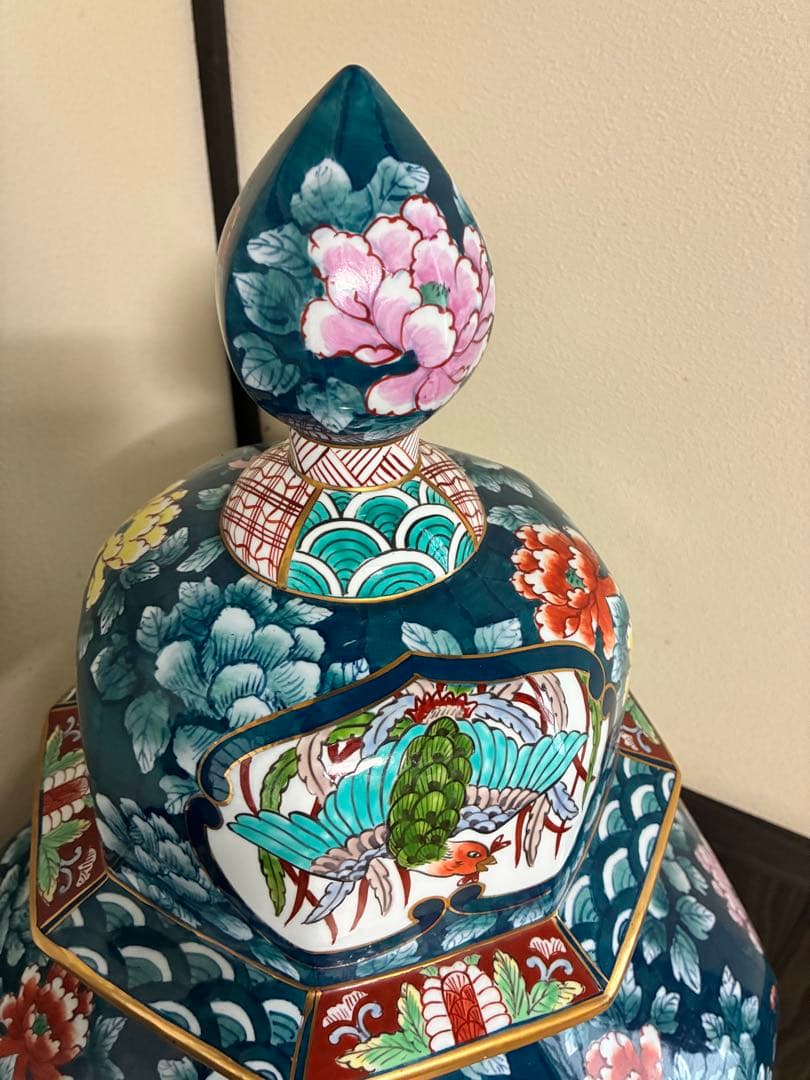 有田焼 特大 染付 牡丹孔雀図 飾壷 光右衛門作 三段壷 置物　約100cm