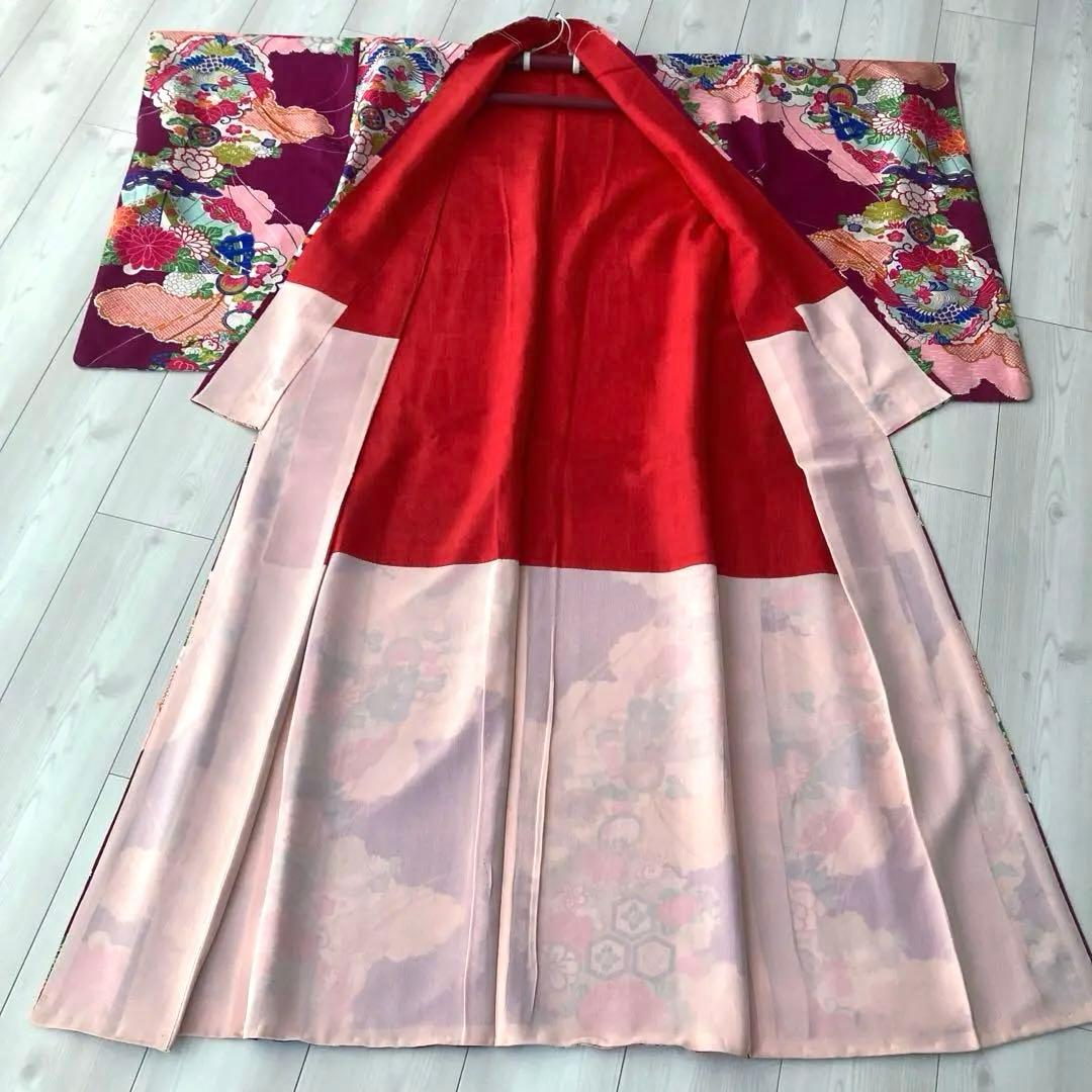 アンティーク着物　子供用　しつけ付　鳳凰・花模様　地紋　正絹　No.35