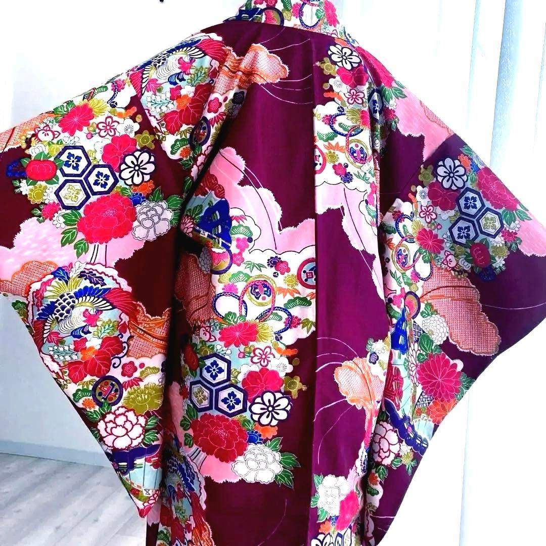 アンティーク着物　子供用　しつけ付　鳳凰・花模様　地紋　正絹　No.35