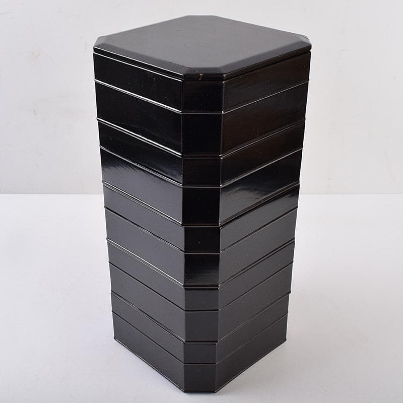 輪島塗　八幡宗豊造　黒漆　縁高重　五段　共箱　V　R8985B