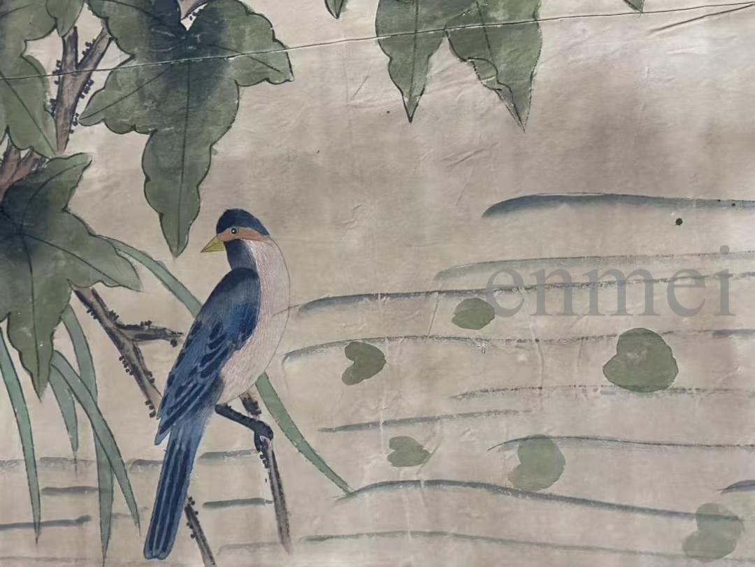 中国古美術・旧藏・明末風・周之冕款・花鳥画・絹本中堂掛軸・純