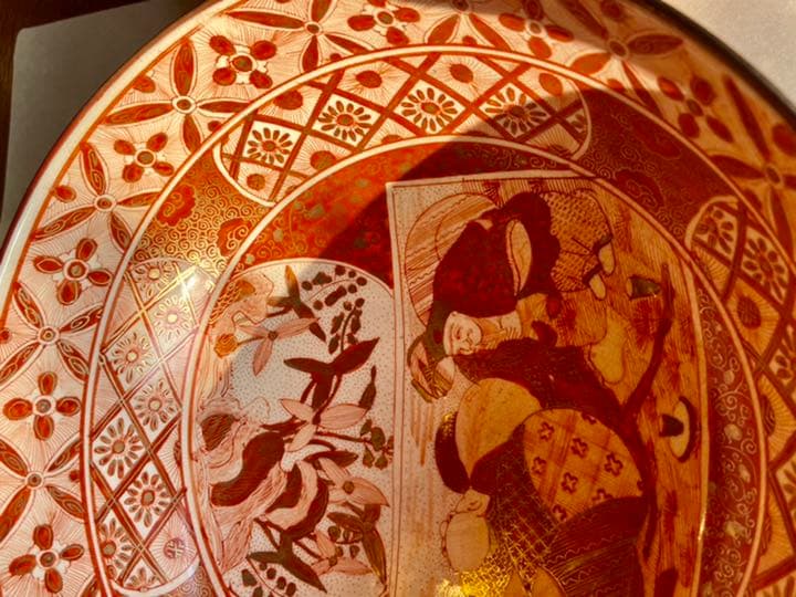 古九谷 明治 九谷赤絵三ツ揃い鉢 人気 九谷焼 細密武者絵図大三ツ鉢