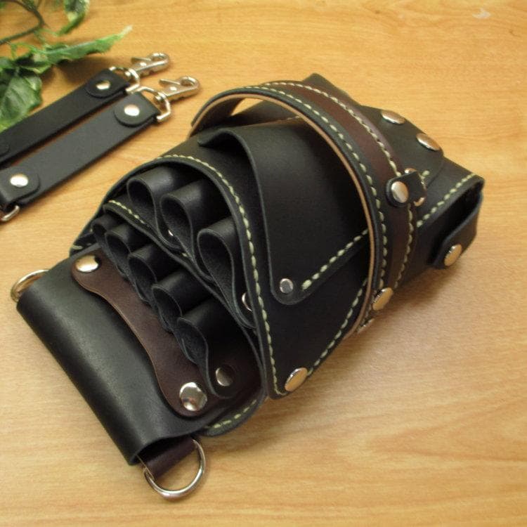 ☆特別価格☆濃いグリーン＆焦げ茶　８丁　本革シザーケース　SCA-143/AGA