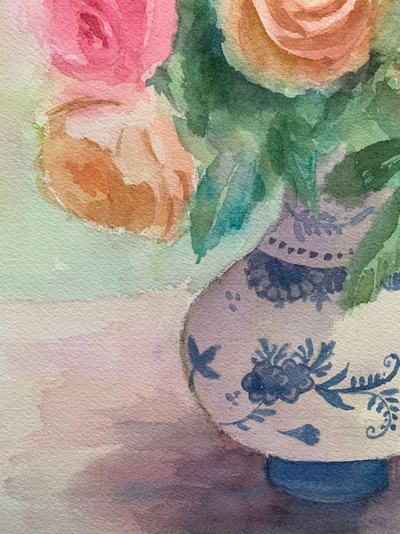 透明水彩画原画一点物デルフト焼きの花瓶と春の精② 天使の絵画