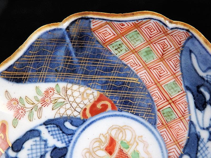 大聖寺伊万里　染錦　捻り紋　芭蕉葉に巻物　３寸半皿 ５枚　C840AS-BQo