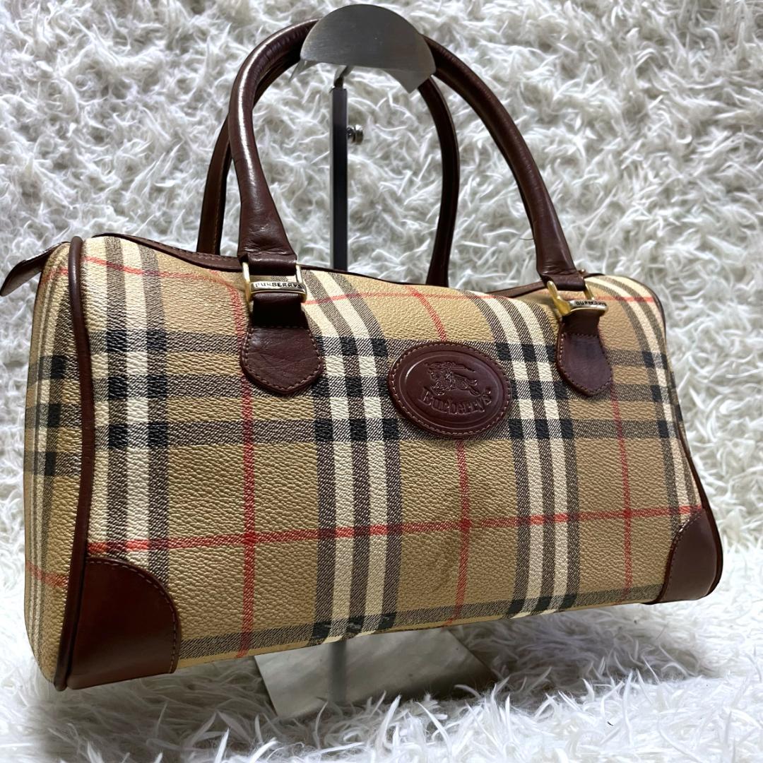 バーバリー ノバチェック PVCレザー ミニボストンバッグ ベージュ オールド