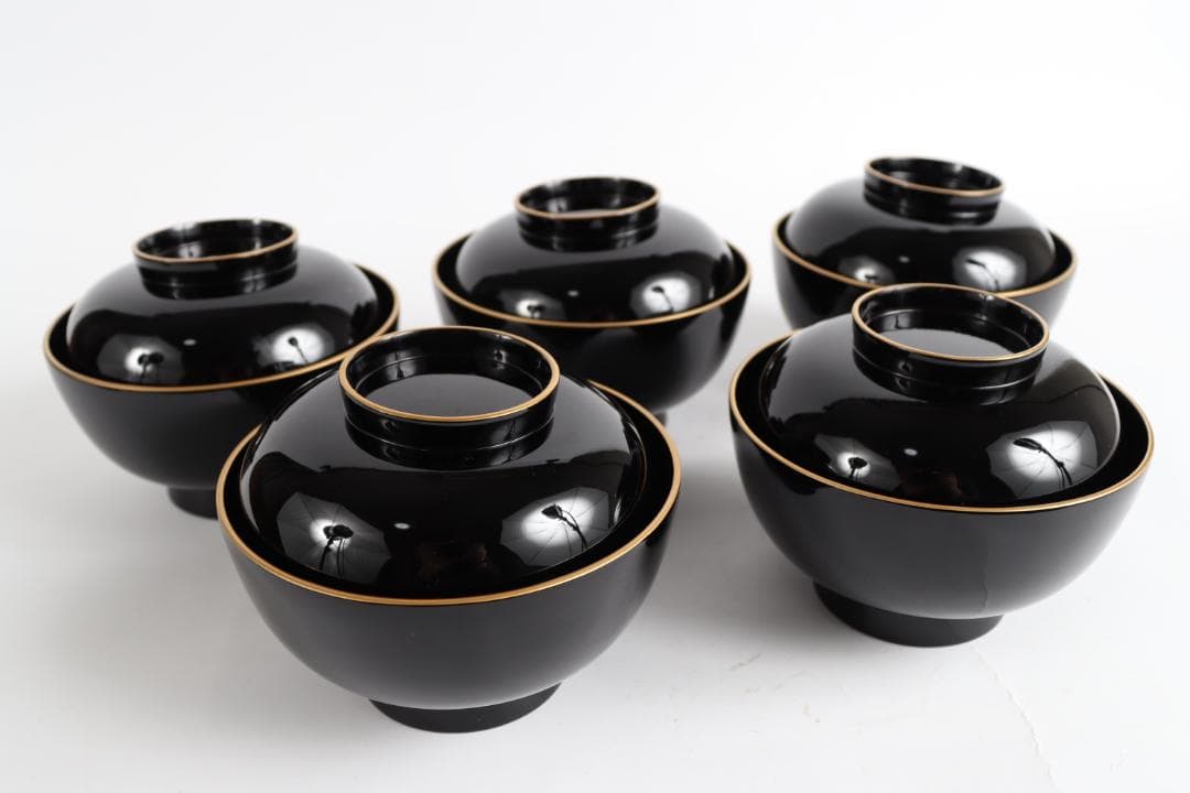 輪島塗 草花絵替 図替 蒔絵 煮物椀 五客 浅己　浅見②