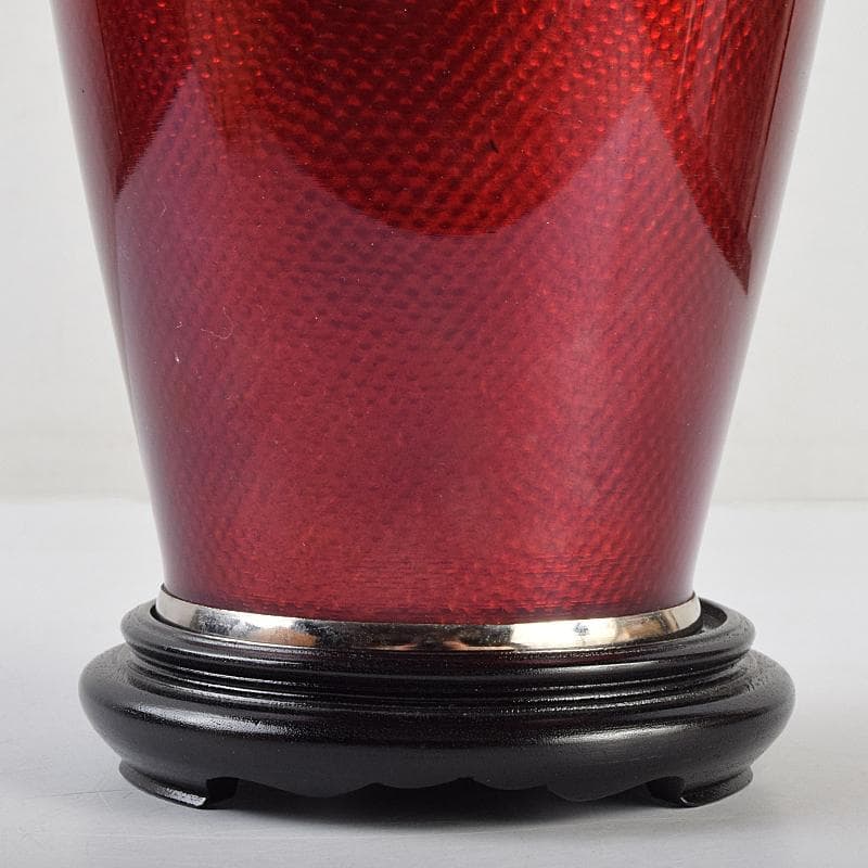 七宝焼 赤透釉 薔薇文 花瓶 唐木台・時代箱付 V R9466