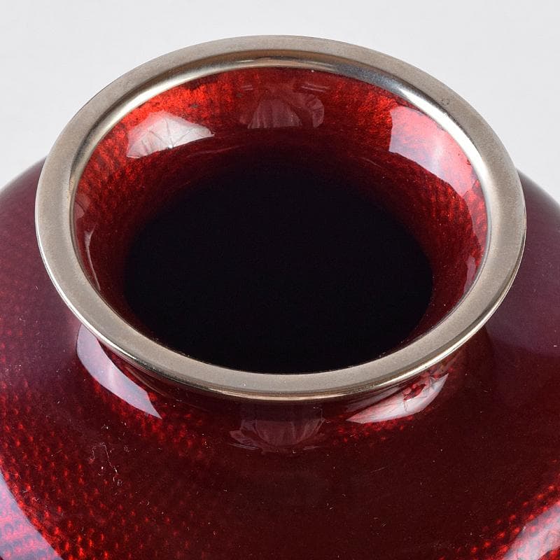 七宝焼 赤透釉 薔薇文 花瓶 唐木台・時代箱付 V R9466