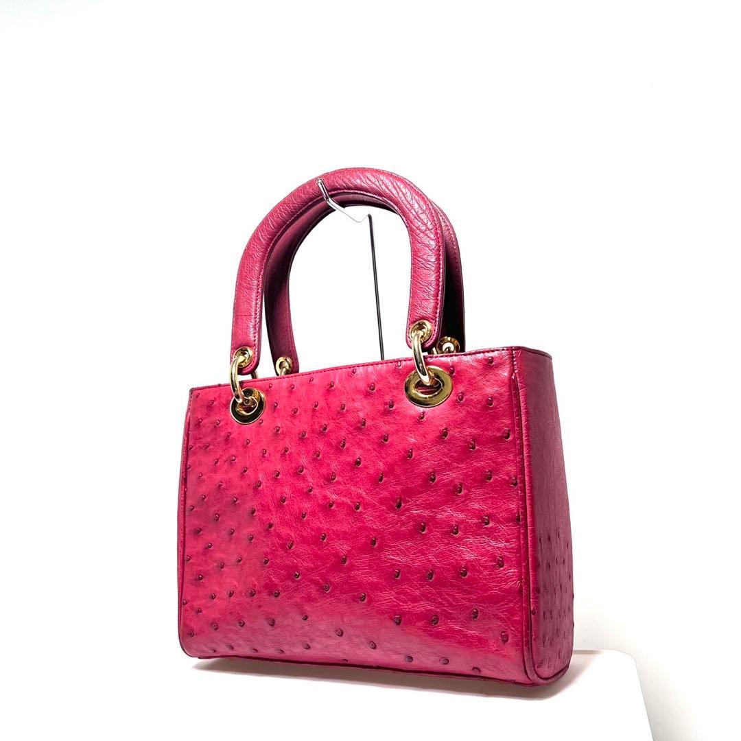 【美品】Ostrich leather オーストリッチ/レッド系色/ハンドバッグ