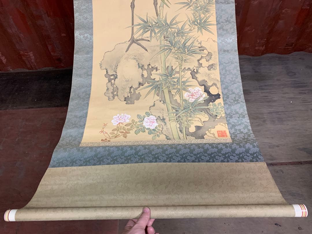 6834』岸浪柳渓 日本画 掛軸 絹本 二重箱 竹に鶴 南宗画