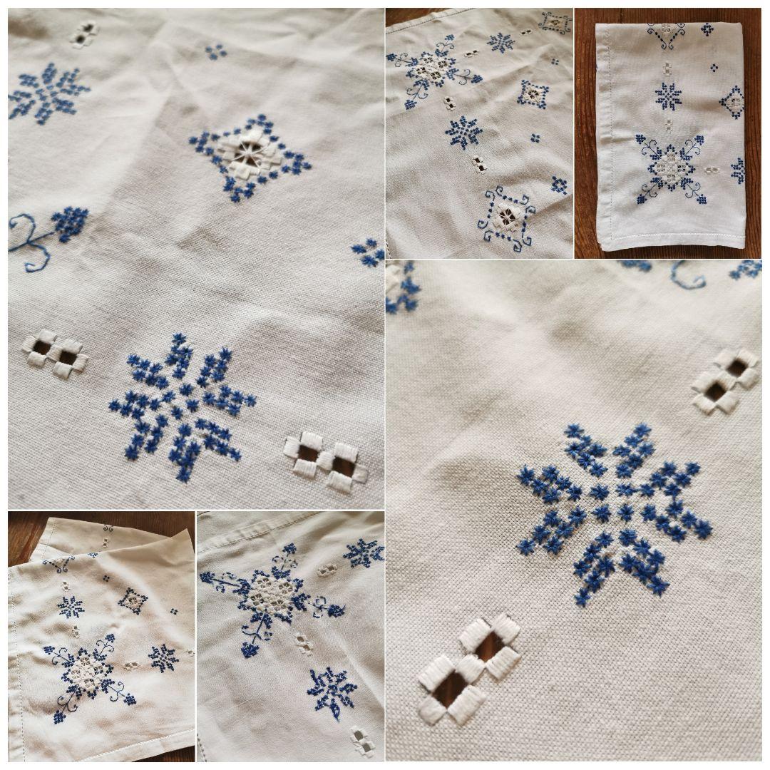 アンティーク 北欧ハーダンガーレース刺繍 大判クロス ブルーワーク