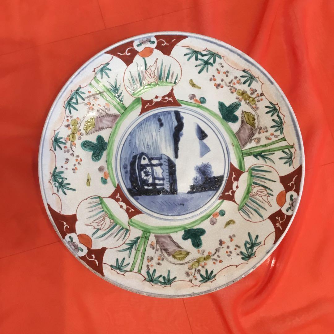 風景画と花模様の茶碗 アンティーク古い 大皿 飾り皿 約39センチ