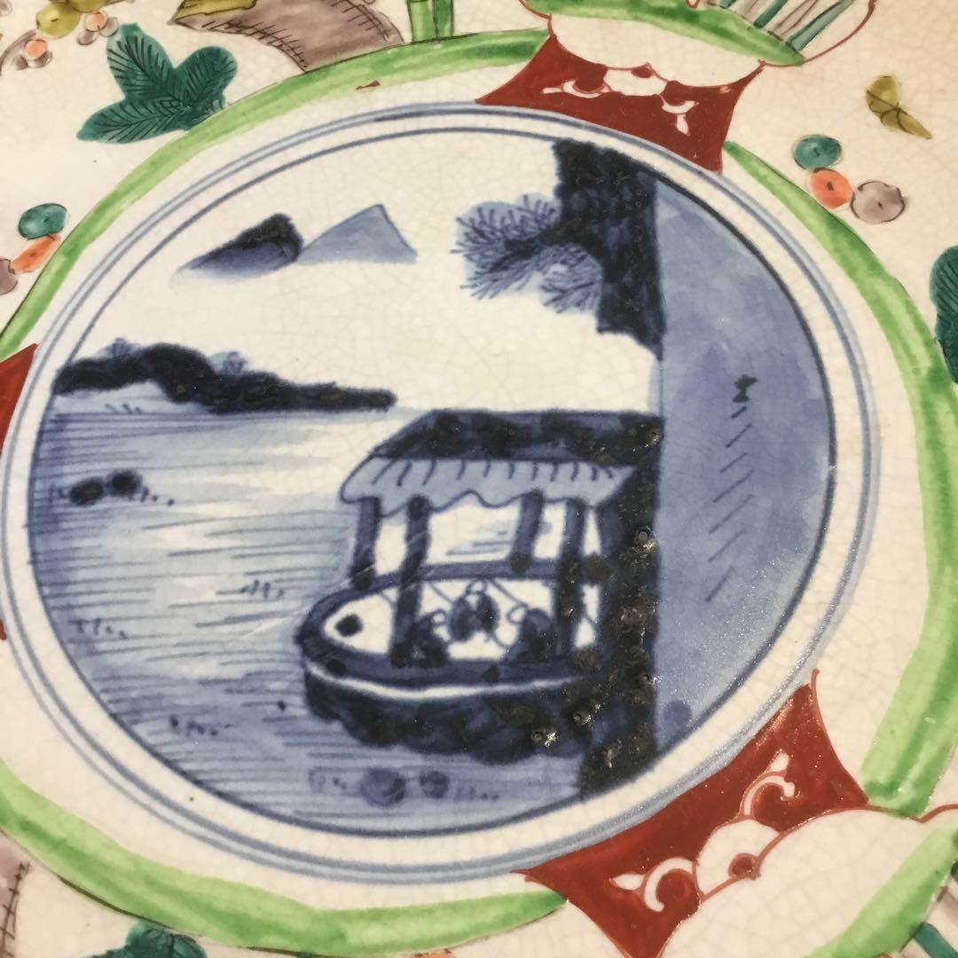 風景画と花模様の茶碗 アンティーク古い 大皿 飾り皿 約39センチ