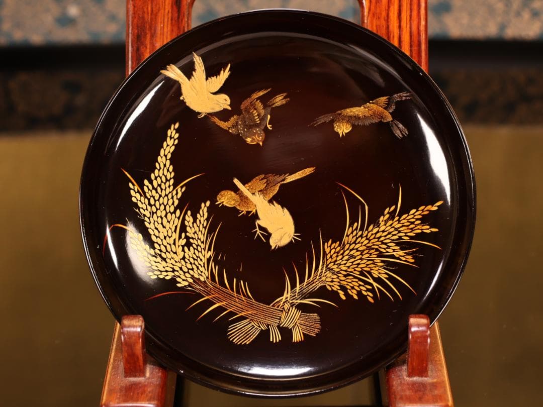 BK408　時代輪島塗　稲穂雀図金蒔絵　吸物椀　二客　木製　茶道具 懐石 会席