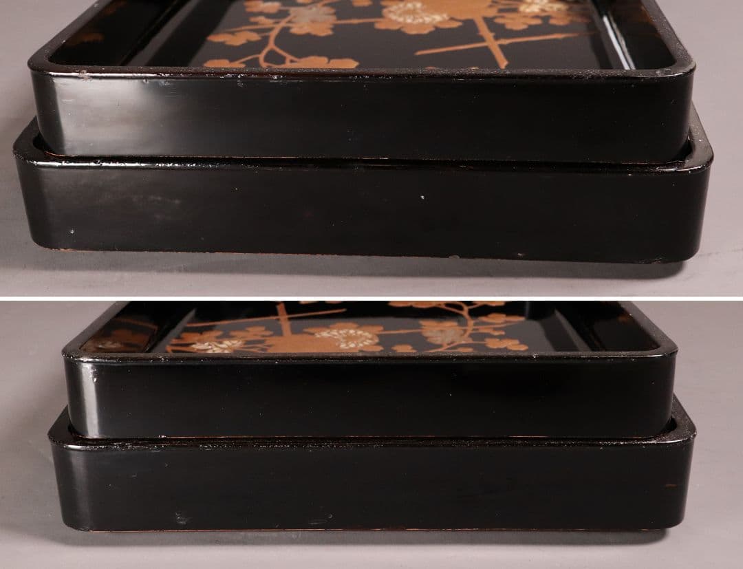 時代 光琳蒔絵 脇取盆 二枚 螺鈿 菊 金銀蒔絵 長方盆 広蓋 黒塗 MA404
