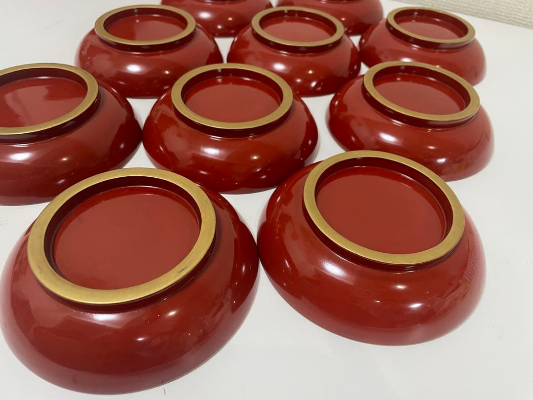 漆器 朱色 椀 10客 金縁 輪島塗 吸物椀 蓋付 無地 アンティーク レトロ