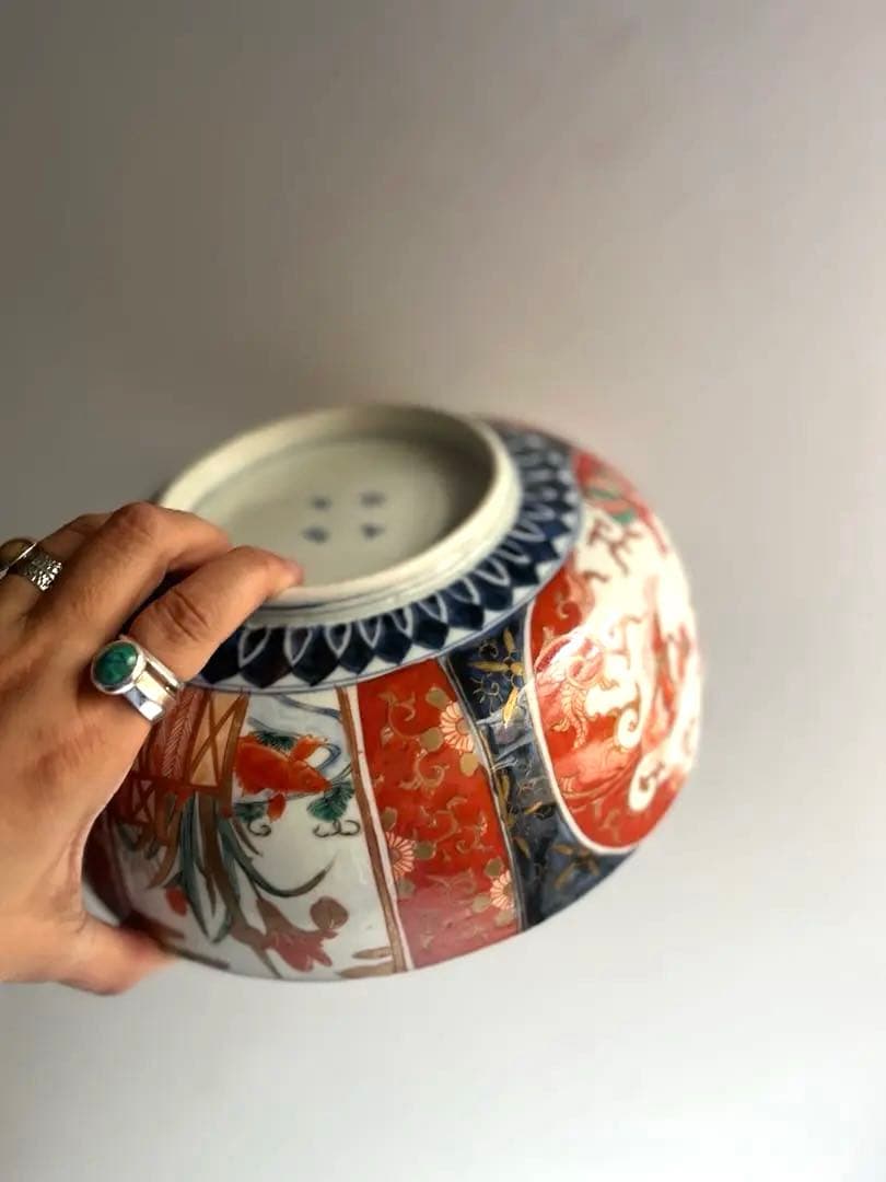 517 骨董 アンティーク 古伊万里 染付 色絵金彩窓絵鳳凰図8寸鉢