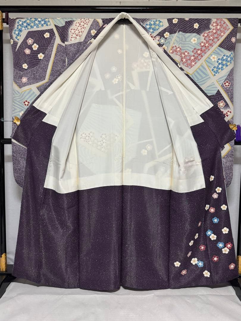 作家物] 振袖 正絹 成人式 結婚式 紫 水色 たたき 高身長 縮緬 卒業式