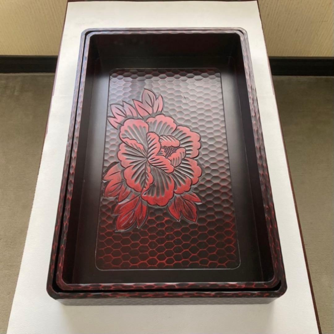 鎌倉彫 乱れ籠 衣装籠 盆 トレイ 2枚組 収納 木製 彫刻 漆塗 花