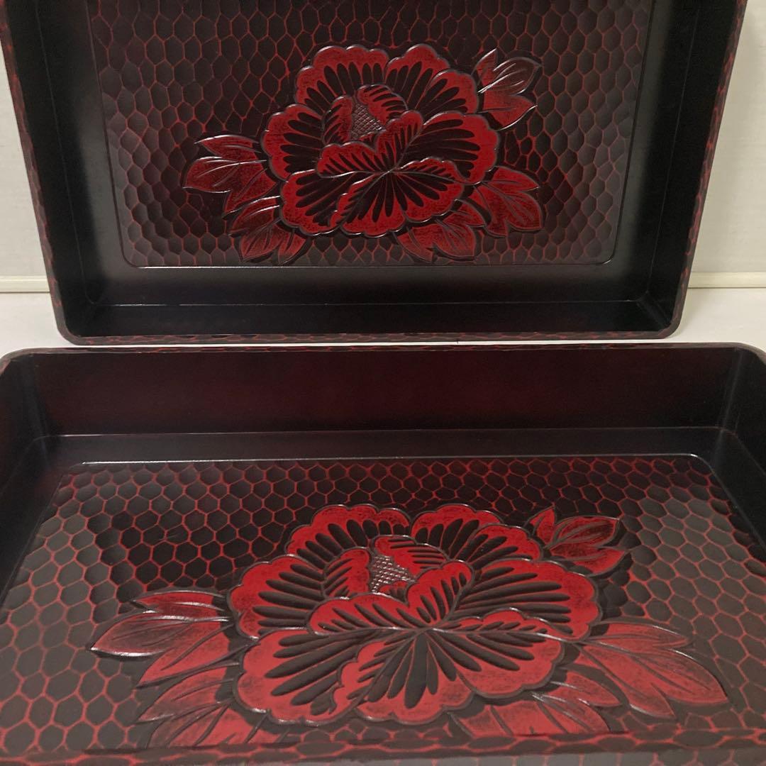 鎌倉彫 乱れ籠 衣装籠 盆 トレイ 2枚組 収納 木製 彫刻 漆塗 花柄