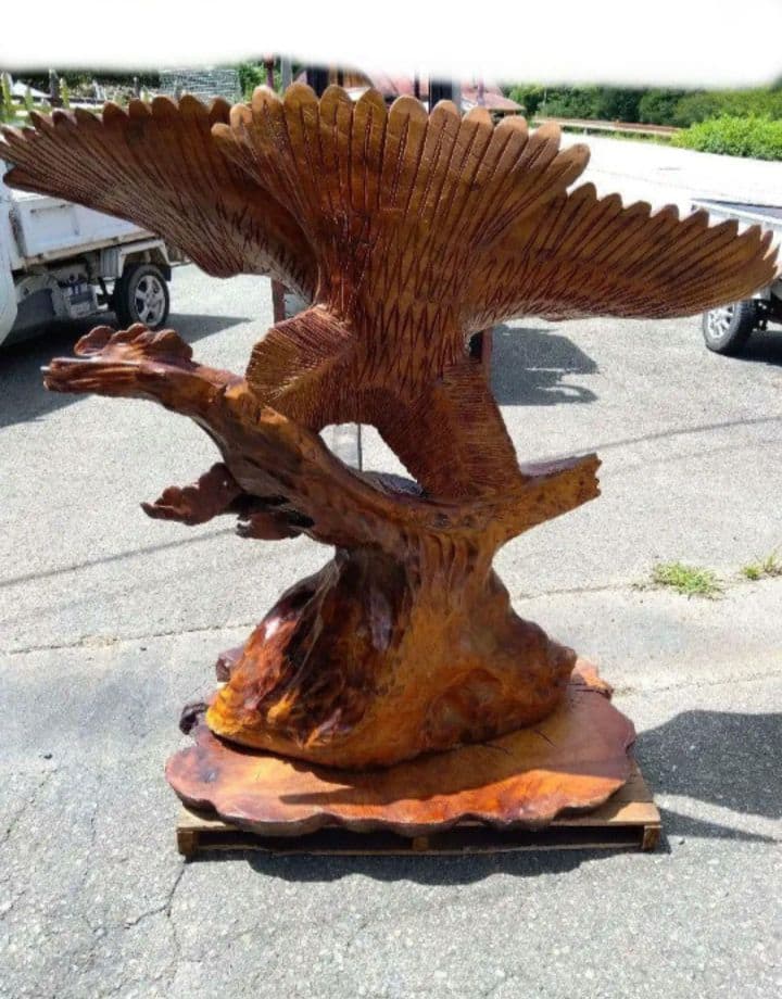希少】一刀彫 鷹 木工一刀彫 工芸品 インテリア 大きい彫り物 羽を広げ