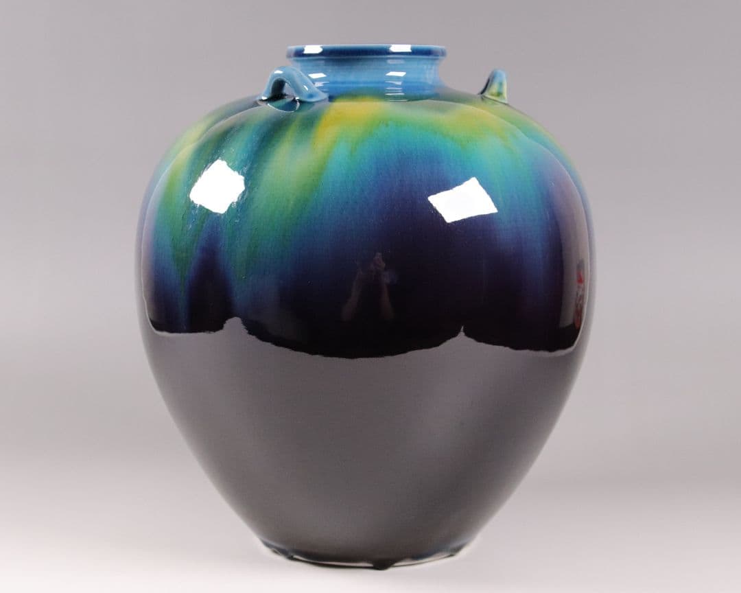 九谷焼人間国宝 三代徳田八十吉 (徳田正彦)「碧明釉壷」26cm 共布共箱