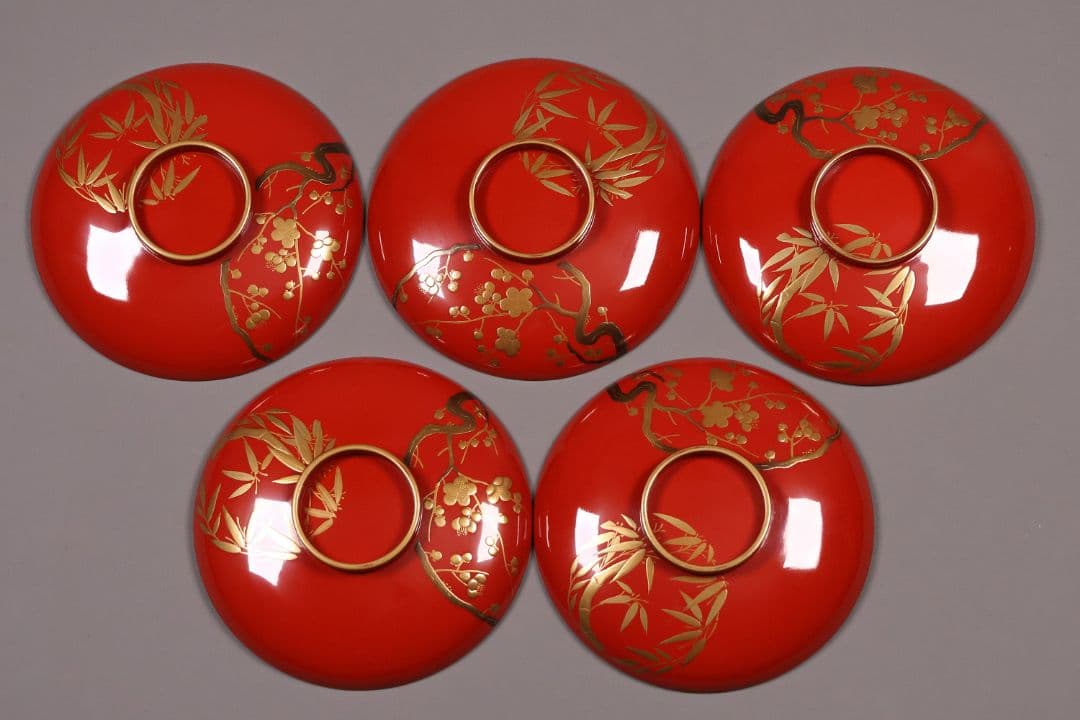 【CM247】時代木製漆器 松竹梅 金蒔絵 朱塗 引盃 五客 木製漆器 小皿 杯